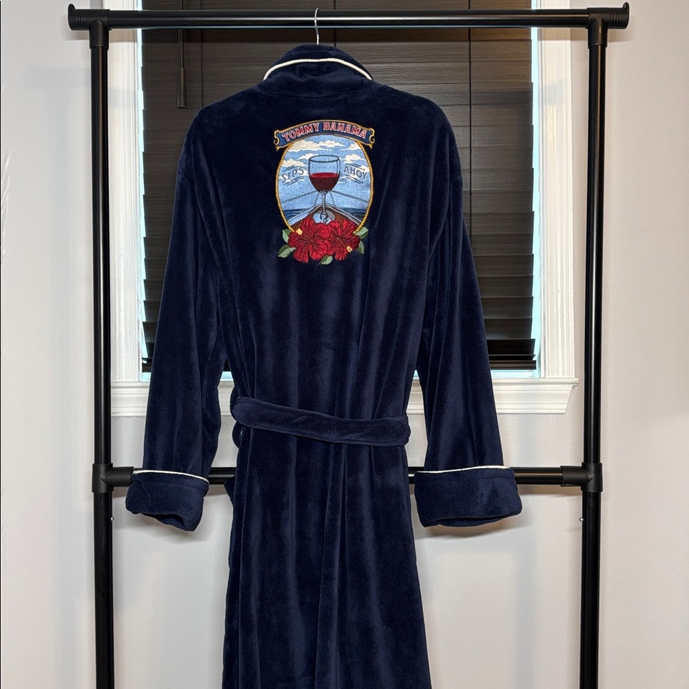 Tommy Bahama Navy Blue Plush Embroidered Robe
